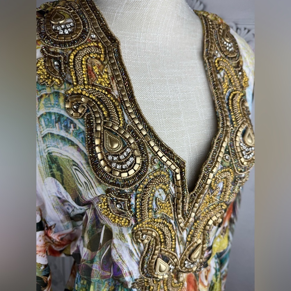 Classy Embellished V-neck Long Flared Sleeves Kaftan Swimsuit Coverup Dress - Picture 6 of 10